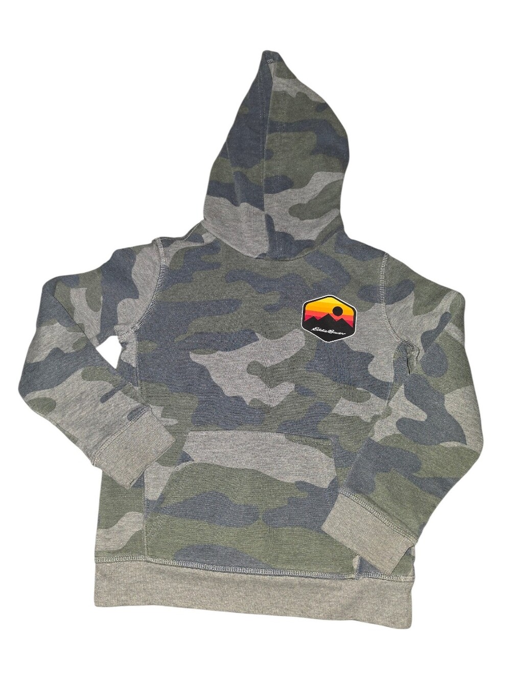 7/6/4. Eddie Bauer Boys' Green & Gray Camo Hooded Sweatshirt with Mountain Badge